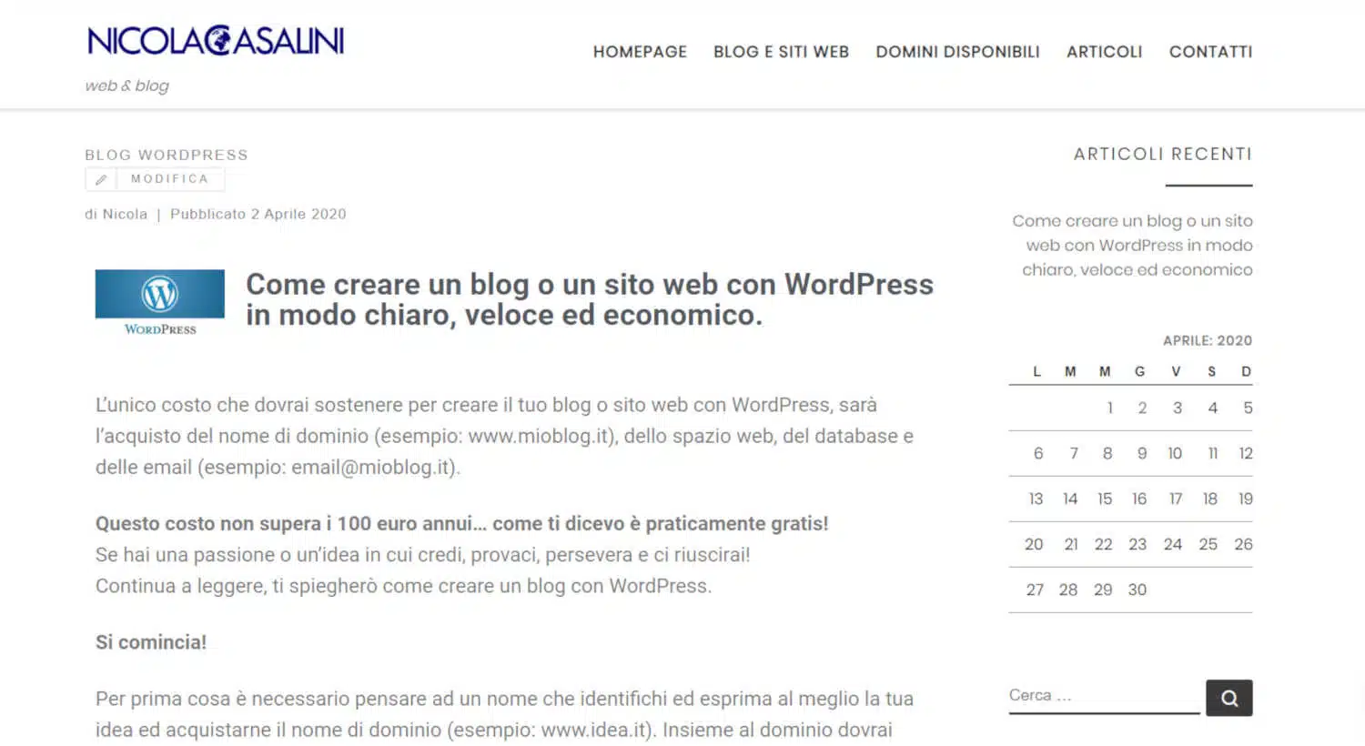 Scelta del tema WordPress - Barra laterale personalizzata a destra Nicola Casalini Barra laterale a destra Nicola Casalini