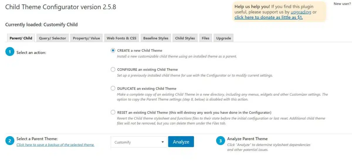 Creare un nuovo tema Child con un plugin - Child Theme Configurator
