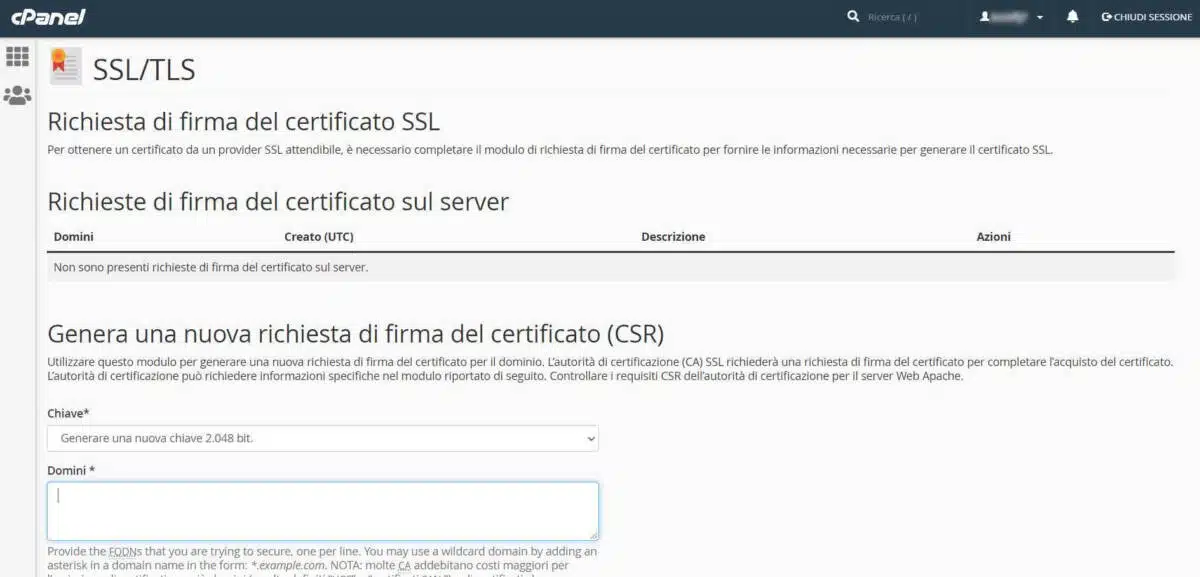 SSL - Genera una nuova richiesta di firma del certificato