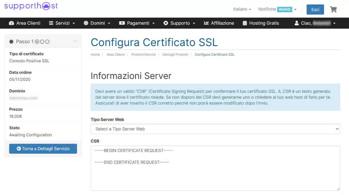 Configura certificato