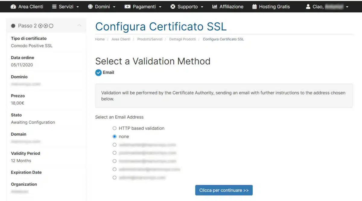 Metodo di validazione del certificato